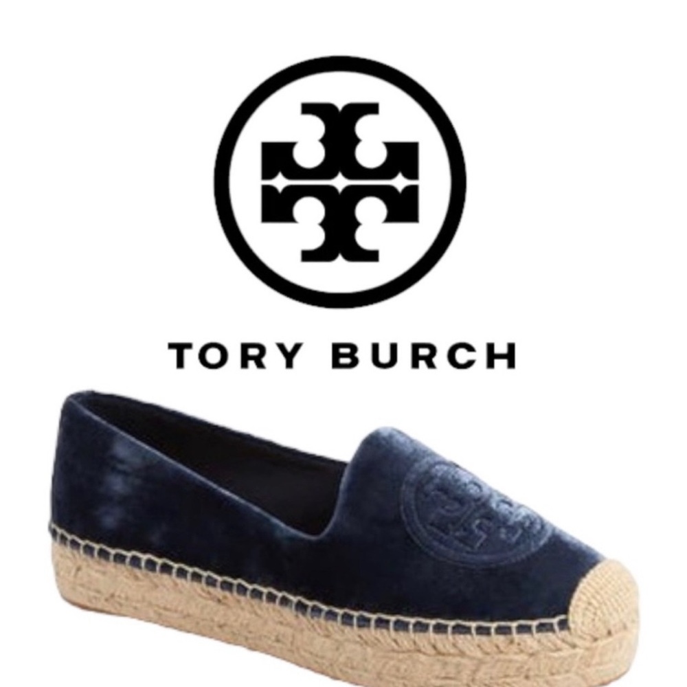 Tory Burch Navy Velvet Espadrille with Natural Jute Trim
